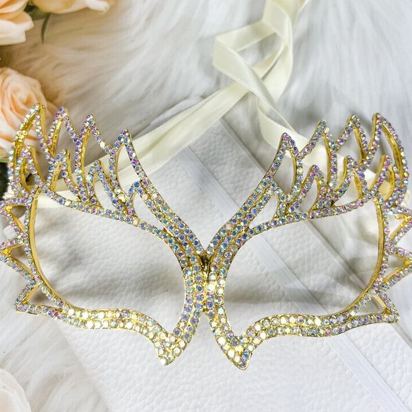 Hand Crafted Accessories - Gold Masquerade Mask, Venetian Mardi Gras Mask, AB Crystal Prom Party Eye Mask